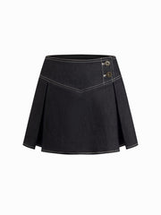 Cotton-blend Low Rise Pleated Button Front Mini Skort