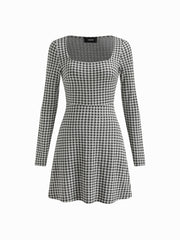 Gingham Square Neck Long Sleeve Mini Shift Dress