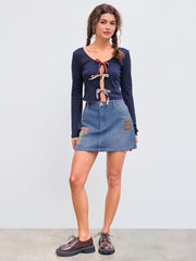 Denim Low Rise Gingham & Floral Appliques Button Pocket Mini Skirt