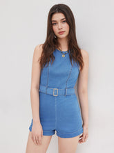 High Stretch Denim Roll Hem Romper With Belt