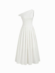 Cotton-blend Asymmetrical Neck Ruched Twist Pleated Maxi Dress