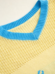 Knit V-neck Crab Hollow Out Contrasting Binding Oversized Top