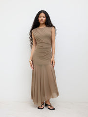 Mesh Ruched Tulle Ruffle Maxi Dress