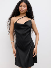 Satin Asymmetrical Neck Rhinestone Chain Mini Dress