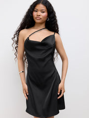 Satin Asymmetrical Neck Rhinestone Chain Mini Dress