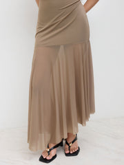 Mesh Ruched Tulle Ruffle Maxi Dress