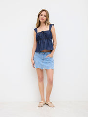 Denim Square Neck Bowknot Shirred Crop Tank Top