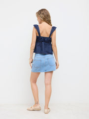 Denim Square Neck Bowknot Shirred Crop Tank Top