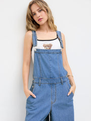 Denim Drawstring Buckle Up Jogger Wide Leg Jumpsuit