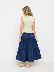 Denim Mid Rise Elastic Waist Tiered Maxi Skirt
