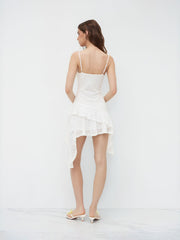 Mesh Floral Texture Ruched Asymmetrical Ruffle Hem Mini Dress