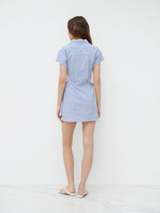 Cotton-blend Polo Collar Striped Draped Mini Dress