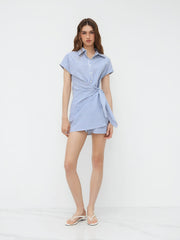 Cotton-blend Polo Collar Striped Draped Mini Dress