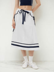 100% Cotton Mid Rise Striped Bowknot Pocket Maxi Skirt