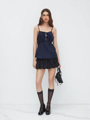 Square Neck Tie Front Knotted Pleated Cami Top