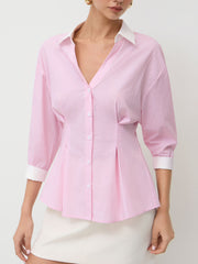 100% Cotton Polo Stripe Pleated Cinched Waist Shirt