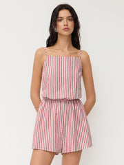 Cotton Square Neck Stripe Elastic Waist Romper