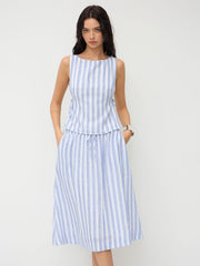 Boat Neck Stripe Tie Side Top & Mid Rise Drawstring Elastic Waist Maxi Skirt Set
