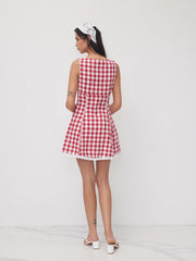 Cotton Gingham V-neck Broderie Anglaise Trim Mini Dress