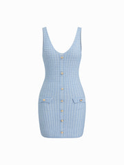 Knit V-neck Metal Button Detail Mini Dress