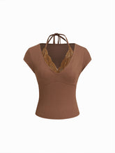 Halter Neckline Short Sleeve Contrasting Lace Top