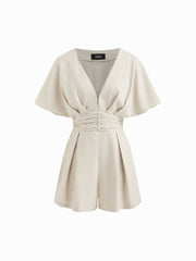 Linen-blend V-neck Ruched Pleated Romper