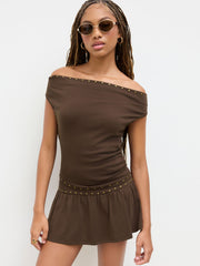Cotton-blend Cowl Neck Rivet Detail Ruched Top & Low Rise Mini Skirt Set