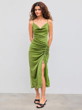 Cowl Neck Glitter Ruched Split Drawstring Maxi Dress