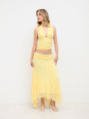 Lace Mid Rise Floral O-Ring Ruffle Hem Maxi Skirt