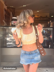 100% Cotton Bowknot Lettuce Trim Puff Sleeve Crop Top