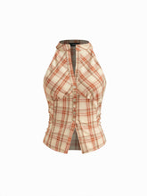 Stand Collar Plaid Ruched Split Top