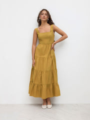 100% Cotton Square Neck Tie Back Maxi Dress