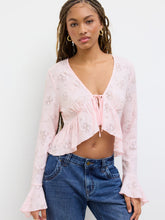 V-neck Broderie Anglaise Knotted Ruffle Hem Long Sleeve Top