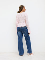V-neck Broderie Anglaise Knotted Ruffle Hem Long Sleeve Top