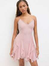 Chiffon V-neck Lace Trim Ruffle Knotted Mini Dress
