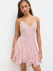 Chiffon V-neck Lace Trim Ruffle Knotted Mini Dress