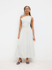 Cotton-blend Asymmetrical Neck Ruched Twist Pleated Maxi Dress