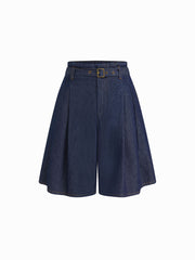 Denim Mid Rise Pleated Bermuda Jorts With Belt