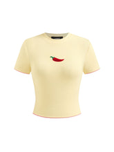 Round Neckline Pepper Embroidery Contrasting Binding Short Sleeve Tee