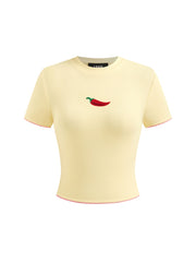 Round Neckline Pepper Embroidery Contrasting Binding Short Sleeve Tee