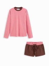 Round Neckline Stripe Long Sleeve Top & Low Rise Patchy Shorts Loungewear Set