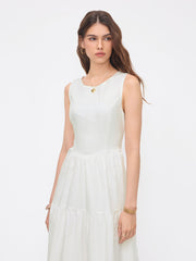 Cotton Round Neckline Drawstring Cut Out Midi Dress