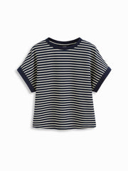 Cotton-blend Stripe Contrasting Binding Tee & Elastic Waist Shorts Set