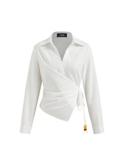 Linen-blend Collar Long Sleeve Wrap Beaded Asymmetrical Hem Blouse