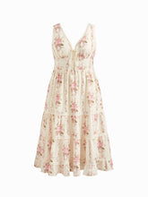V-neck Lace Trim Floral Lace Up Tiered Maxi Dress Curve & Plus