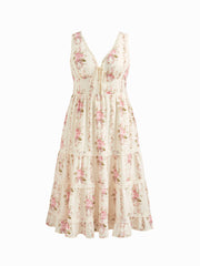 V-neck Lace Trim Floral Lace Up Tiered Maxi Dress Curve & Plus