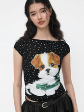 Boat Neck Polka Dot Dog Graphic Ruched Tee