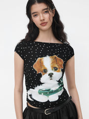Boat Neck Polka Dot Dog Graphic Ruched Tee