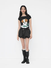 Boat Neck Polka Dot Dog Graphic Ruched Tee