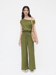 Asymmetrical Neck Texture Drawstring Knotted Jumpsuit